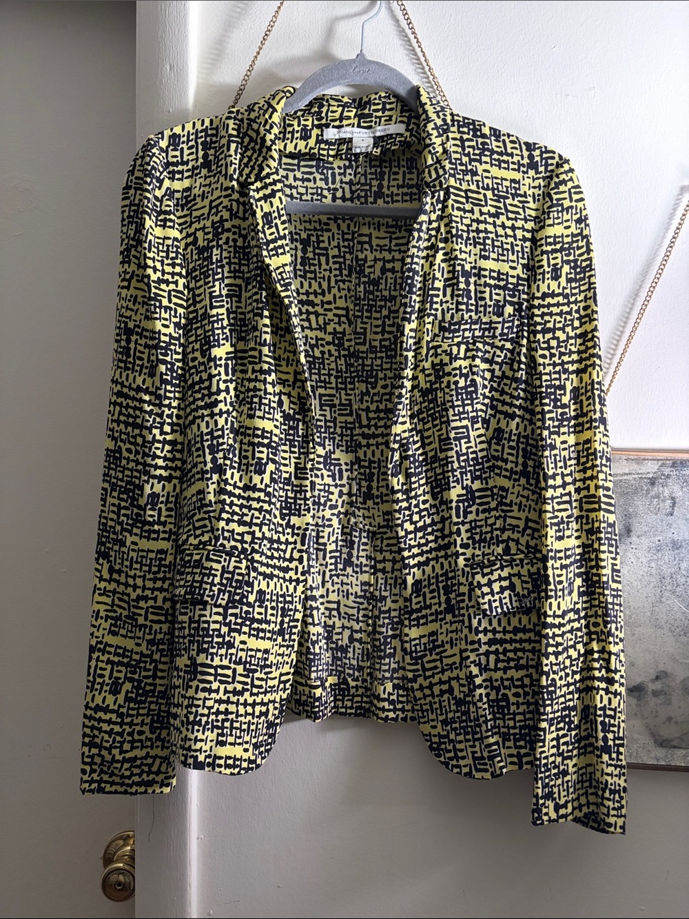 Diane Vin Furstenberg DVF 100% Silk Yellow and Black Geometric Print Blazer